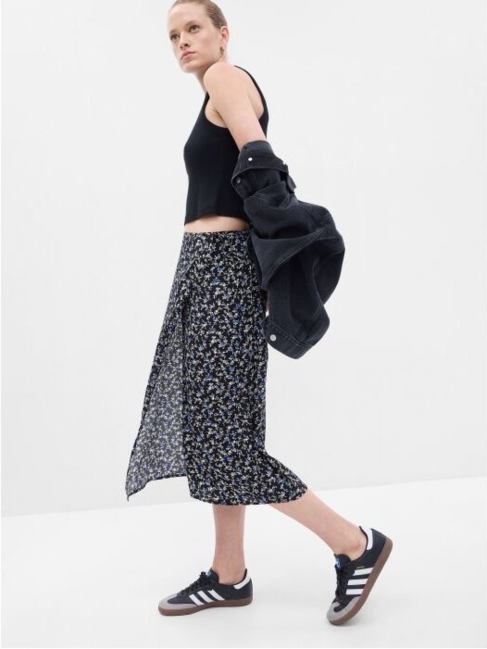 GAP Black Floral Midi Skirt with Subtle Blue Accents